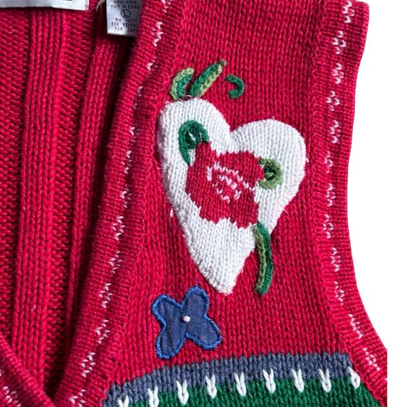 Vintage Karen Scott Red Knit Heart Patchwork Folk Art Sweater Vest Large Cozy - Picture 8 of 16